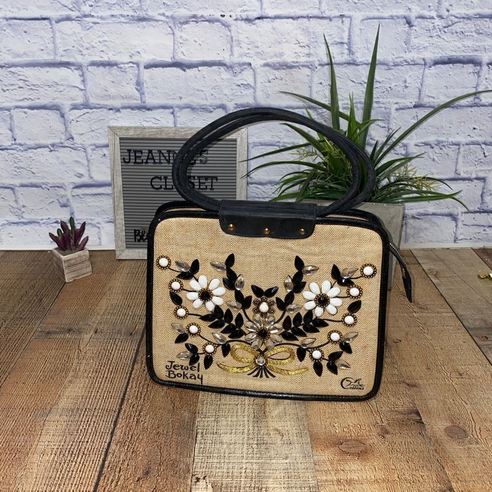ENID COLLINS OF TEXAS FLOWER BASKET PURSE HANDBAG JEWEL BOKAY BLACK BAG Vintage